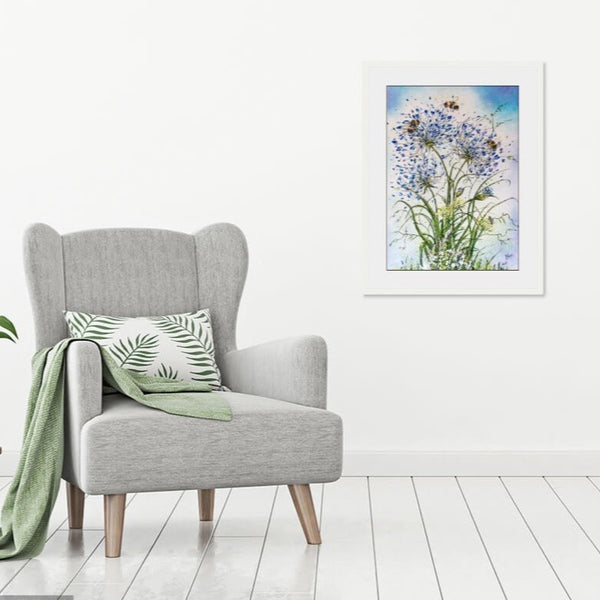 Agapanthus and Bumble Bees Art Print in modern apartment