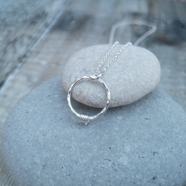 Sterling Silver Hammered Circle Necklace with Silver Hoops