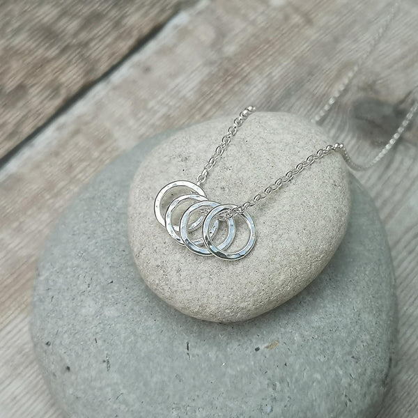 Sterling Silver 4 Hammered Rings Necklace