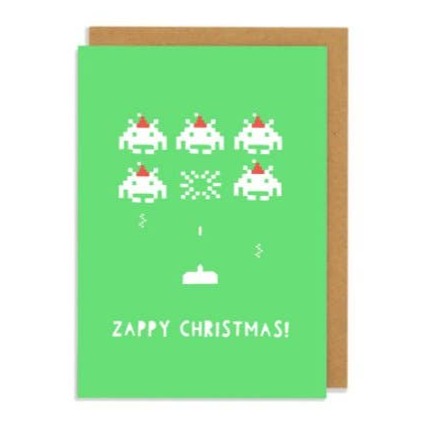 Space Invaders Christmas Card, 1980s retro gamer card