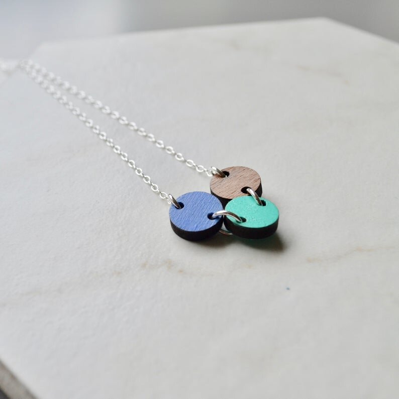 Walnut Three Small Green, Blue and Plain Circles Necklace