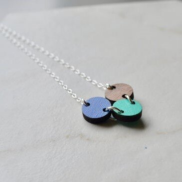 Walnut Three Small Green, Blue and Plain Circles Necklace