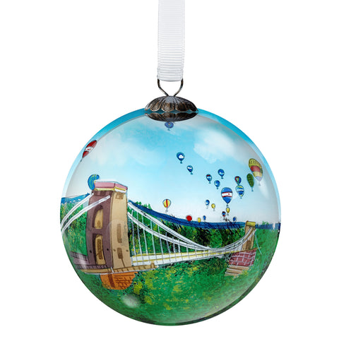 Bristol Glass Bauble featuring an illustration of the Clifton Suspension Bridge