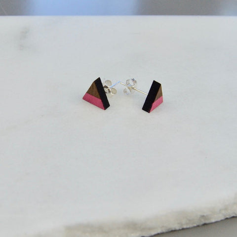 Walnut Mini Triangle Stud Earrings with Pink Stripe detail