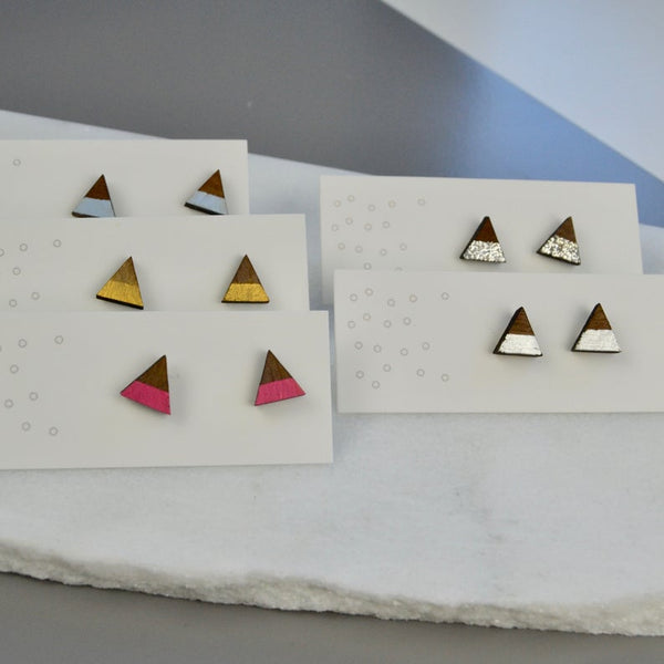 Walnut Mini Triangle Stud Earrings with Pink Stripe detail