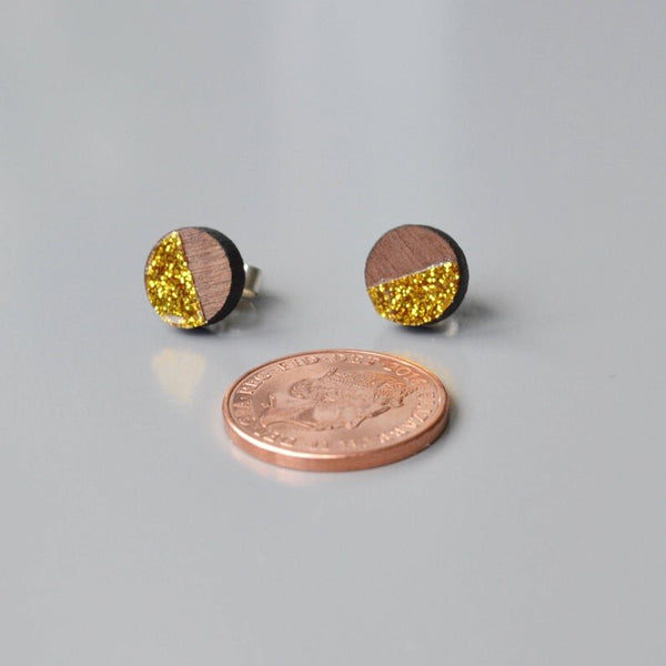 Walnut Circle Stud Earrings with Gold Glitter detail