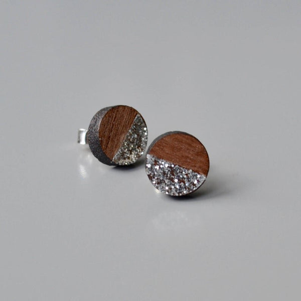 Walnut Circle Stud Earrings with Silver Glitter detail