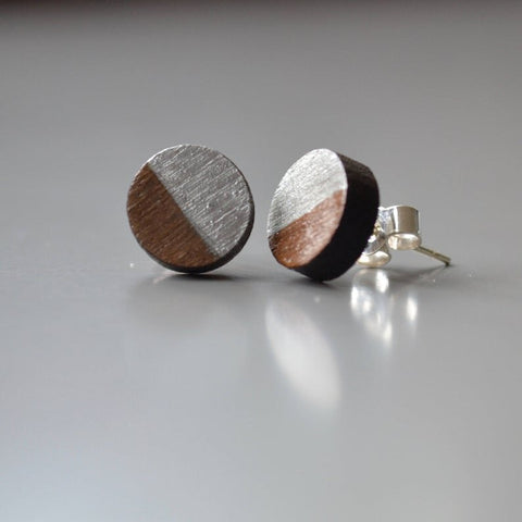 Walnut Circle Stud Earrings with Silver Leaf detail