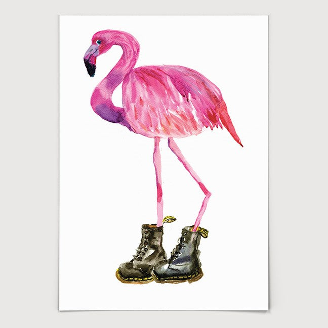 Flamingo in Black Boots Print