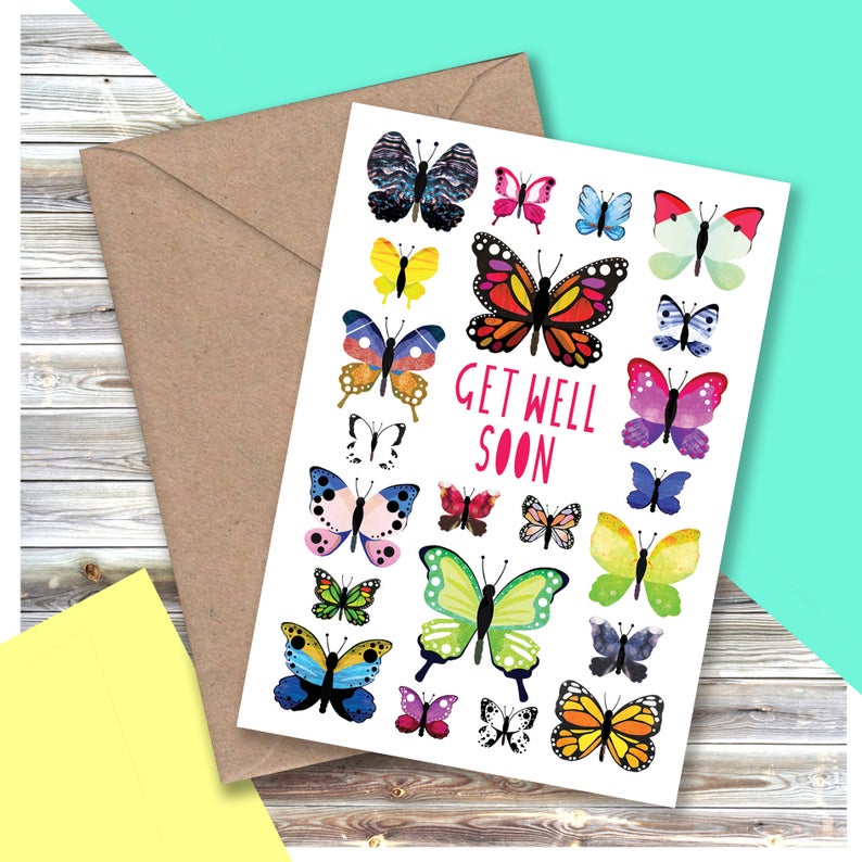 Get Well Soon card with butterfly illustration 