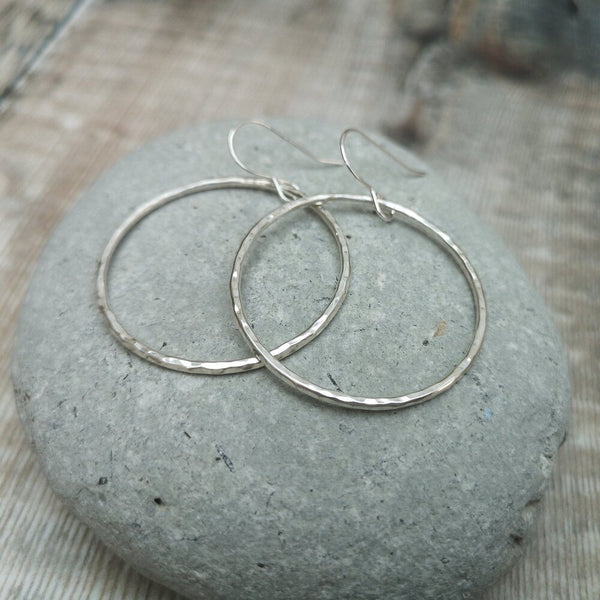 Large Sterling Silver Hammered Hoop Earrings