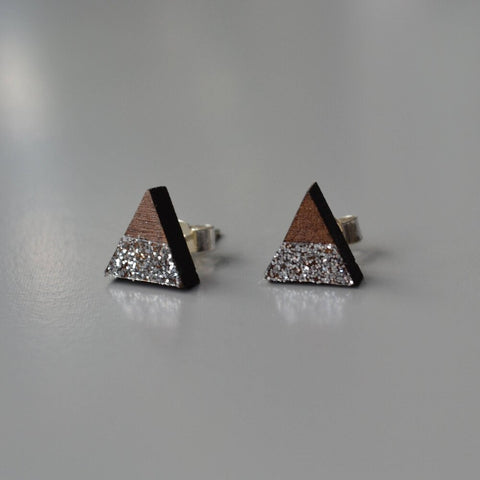 Walnut Mini Triangle Stud Earrings with Silver Glitter Stripe detail