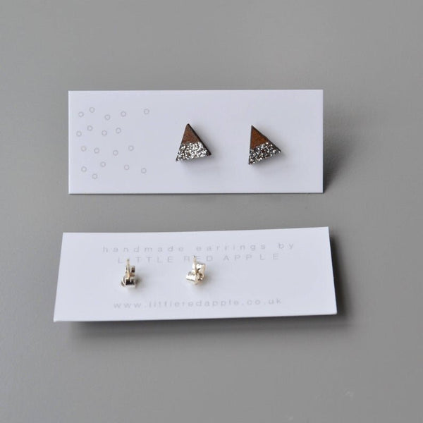 Walnut Mini Triangle Stud Earrings with Silver Glitter Stripe detail