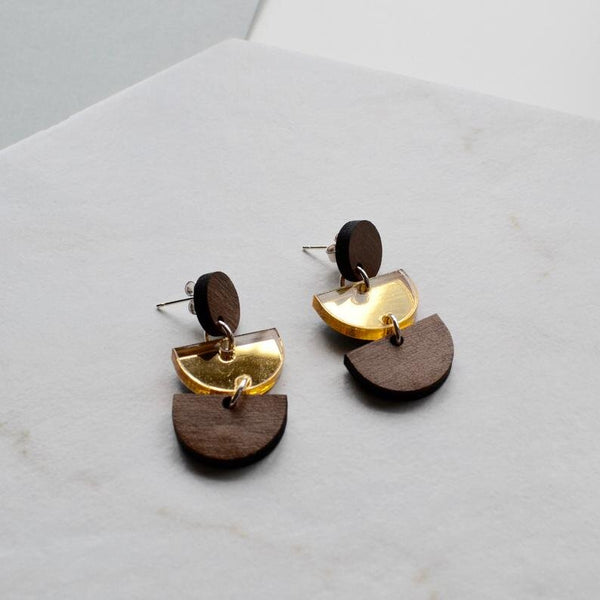 Walnut and Acrylic Mirror Drop Semicircle Earrings in Gold or Silver