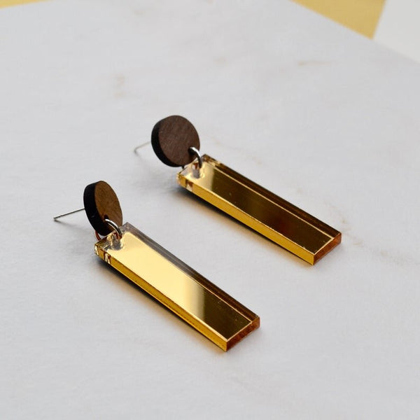 Walnut and Acrylic Mirror Drop Earrings in gold or silver