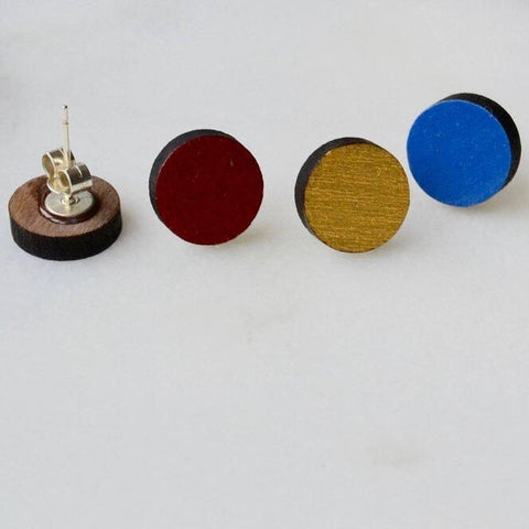 Walnut Circle Stud Earrings in Gold, Blue or Red