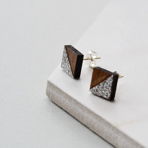 Walnut Square Stud Earrings with Silver Glitter detail