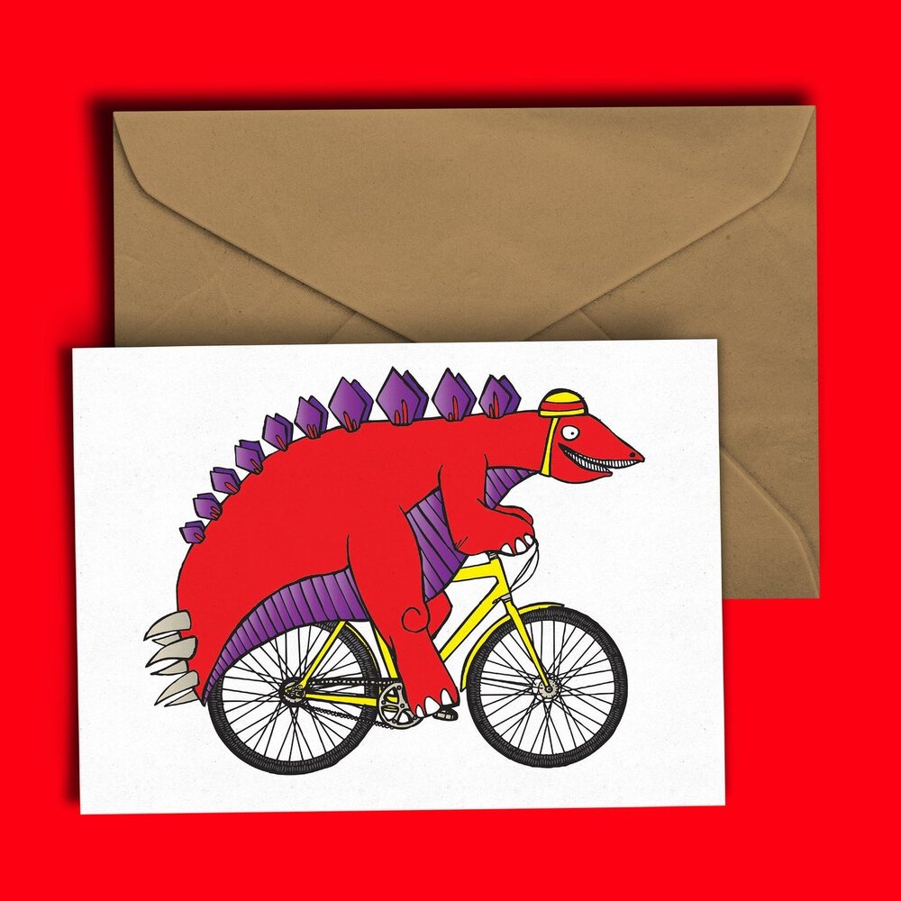 Stegosaurus Riding a Bike Card