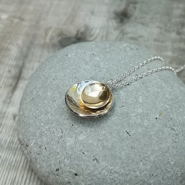 Sterling Silver and 12ct Gold Hammered Domed Disc Pendant Necklace