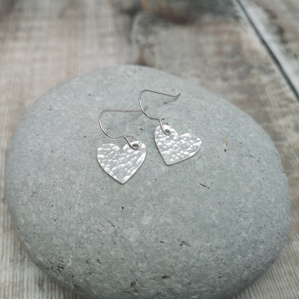 Sterling Silver Hammered Heart Drop Earrings