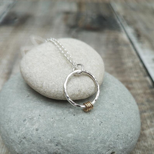Sterling Silver Hammered Ring Necklace with Gold Detail