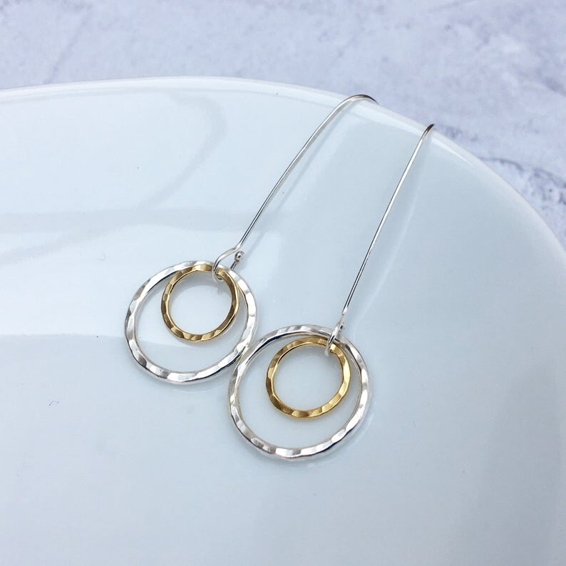 9 Carat Gold Circle and Sterling Silver Drop Earrings