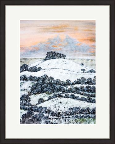 Framed print of Kelston Roundhill in the snow painting at Eclectic Gift Shop