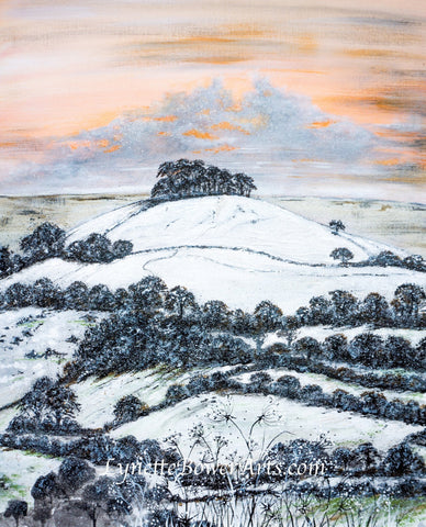 Kelston Roundhill in the snow painting at Eclectic Gift Shop
