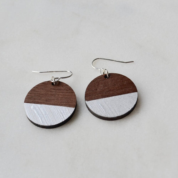 Walnut dipped circle Drop Earrings with silver stripe
