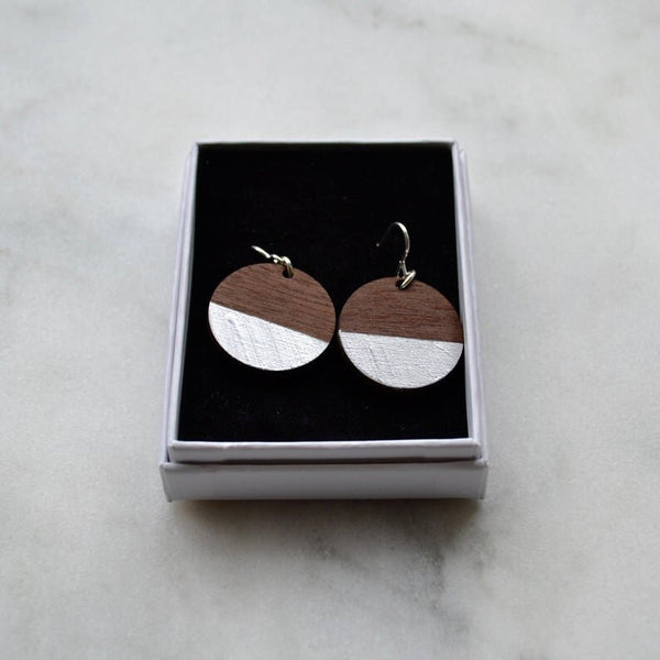 Walnut dipped circle Drop Earrings with silver stripe