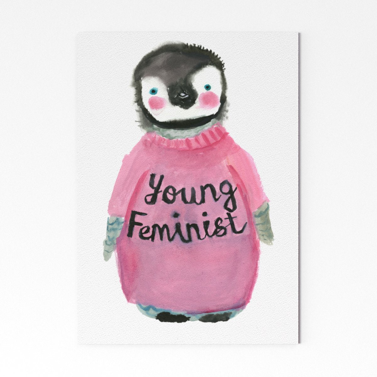 Young Feminist Art Print watercolour featuring a penguin wearing a jumper