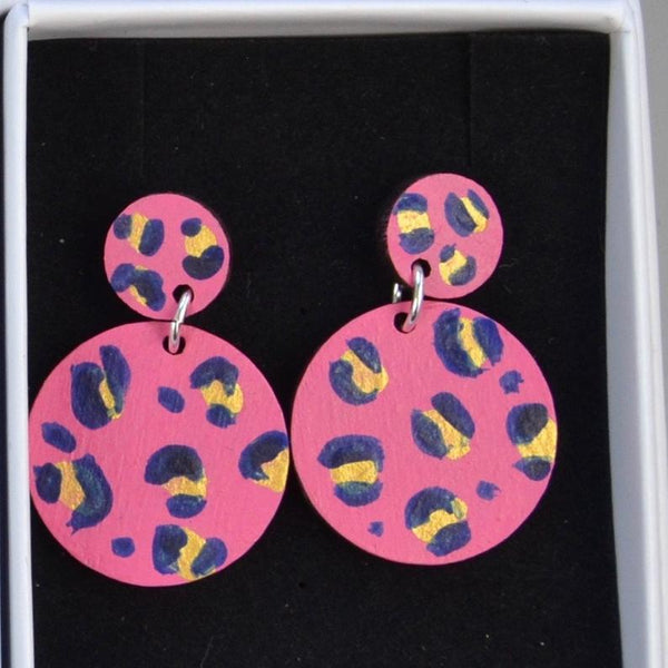 Walnut Leopard print hand painted double Circle Drop Earrings