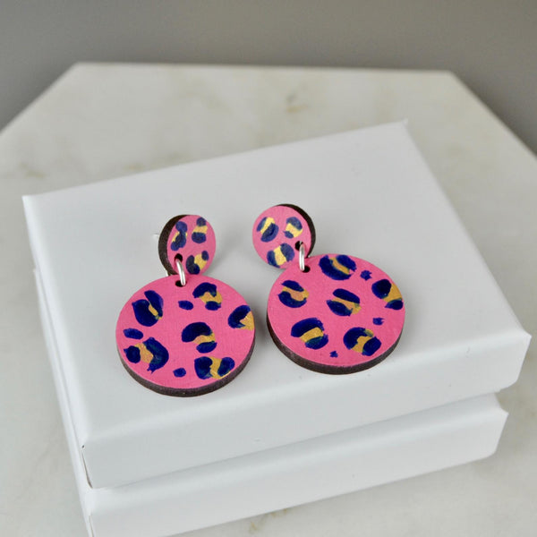Walnut Leopard print hand painted double Circle Drop Earrings