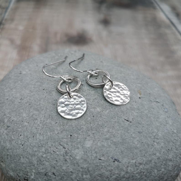 Sterling Silver Hammered Disc and Ring Earrings