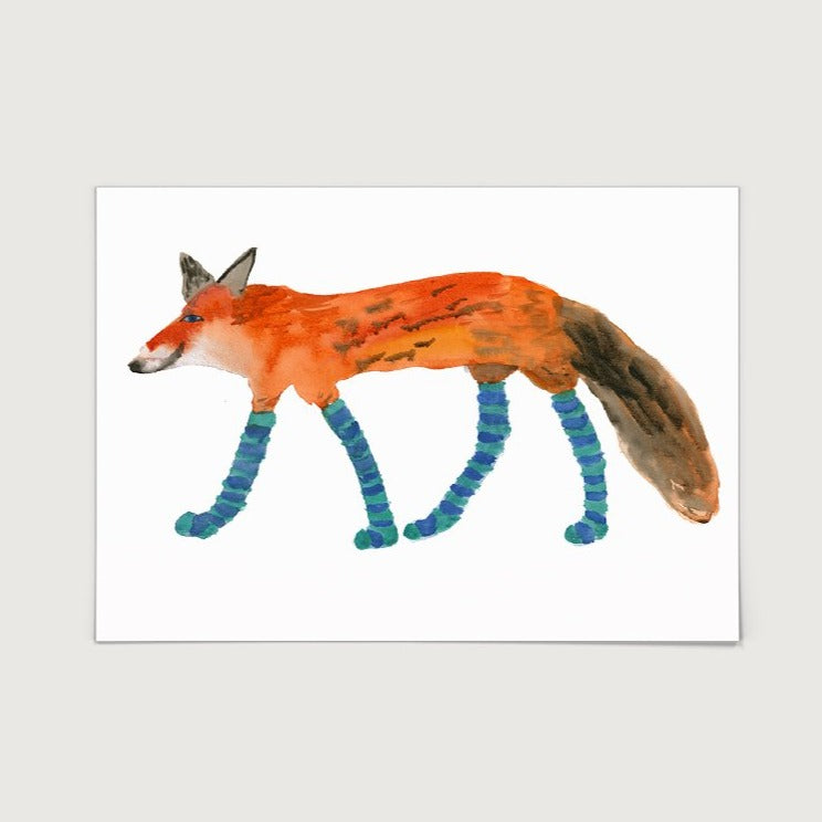 Fox in Socks watercolour print by Bristol Artist, Rosie Webb