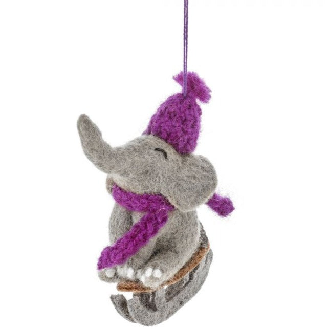 Handmade Felt Sledging Elephant Hanging Christmas Decoration
