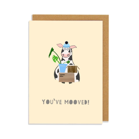 New Home Card with pun and cow illustration