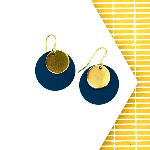 Statement navy and brass drop earrings handmade in England