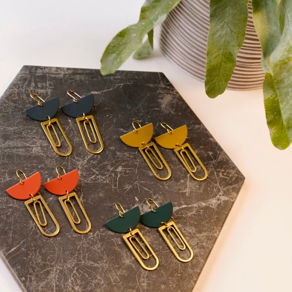 Statement Semi Circle and Brass Earrings handmade in a range of contemporary colours
