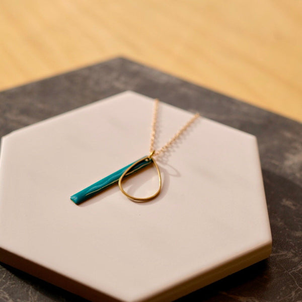 Geometric Enamelled Pendant Necklace with Brass Tear Drop
