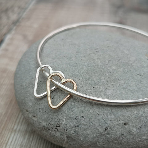 Sterling Silver and 9 Carat Gold Open Heart Bangle