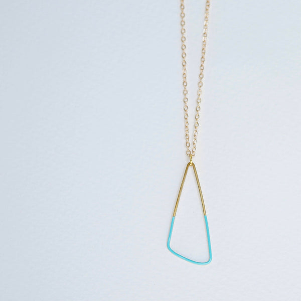 Simple Triangle Pendant, Turquoise Enamel and Brass Necklace