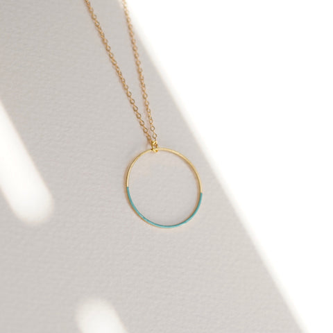 Simple Open Circle Pendant, Turquoise Enamel and Brass Necklace