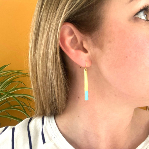 Contemporary Drop Turquoise Enamel and Brass Drop Earrings