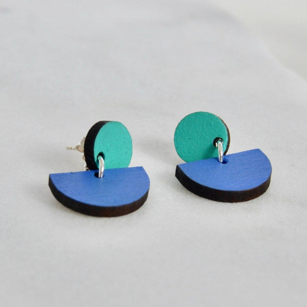 Handmade walnut earrings in teal and blue