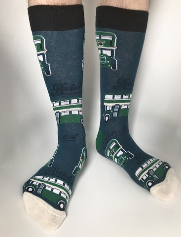 Bristol socks featuring a vintage green bus and Bristol scroll