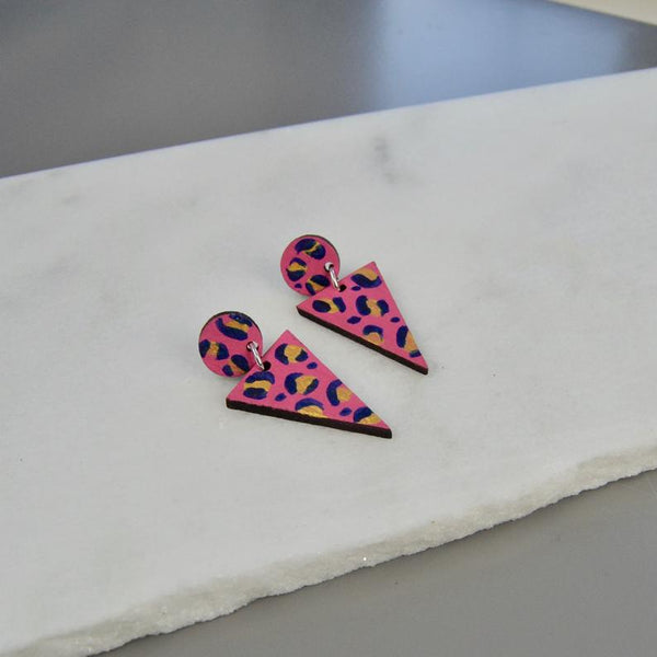 Walnut Leopard print hand painted Triangle Drop Earrings