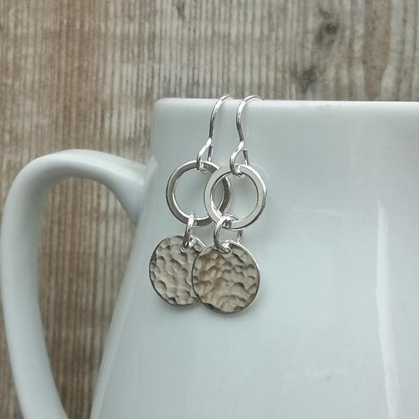 Sterling Silver Hammered Disc and Ring Earrings
