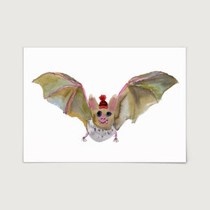 Vampire Bat in a Hat watercolour print by Bristol Artist, Rosie Webb